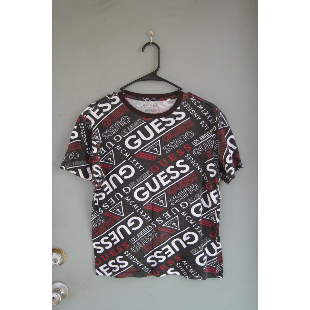 Vintage 90s Y2K GUESS AOP Tee T-Shirt S VGUC Unisex‎ Men Women Black Red White
